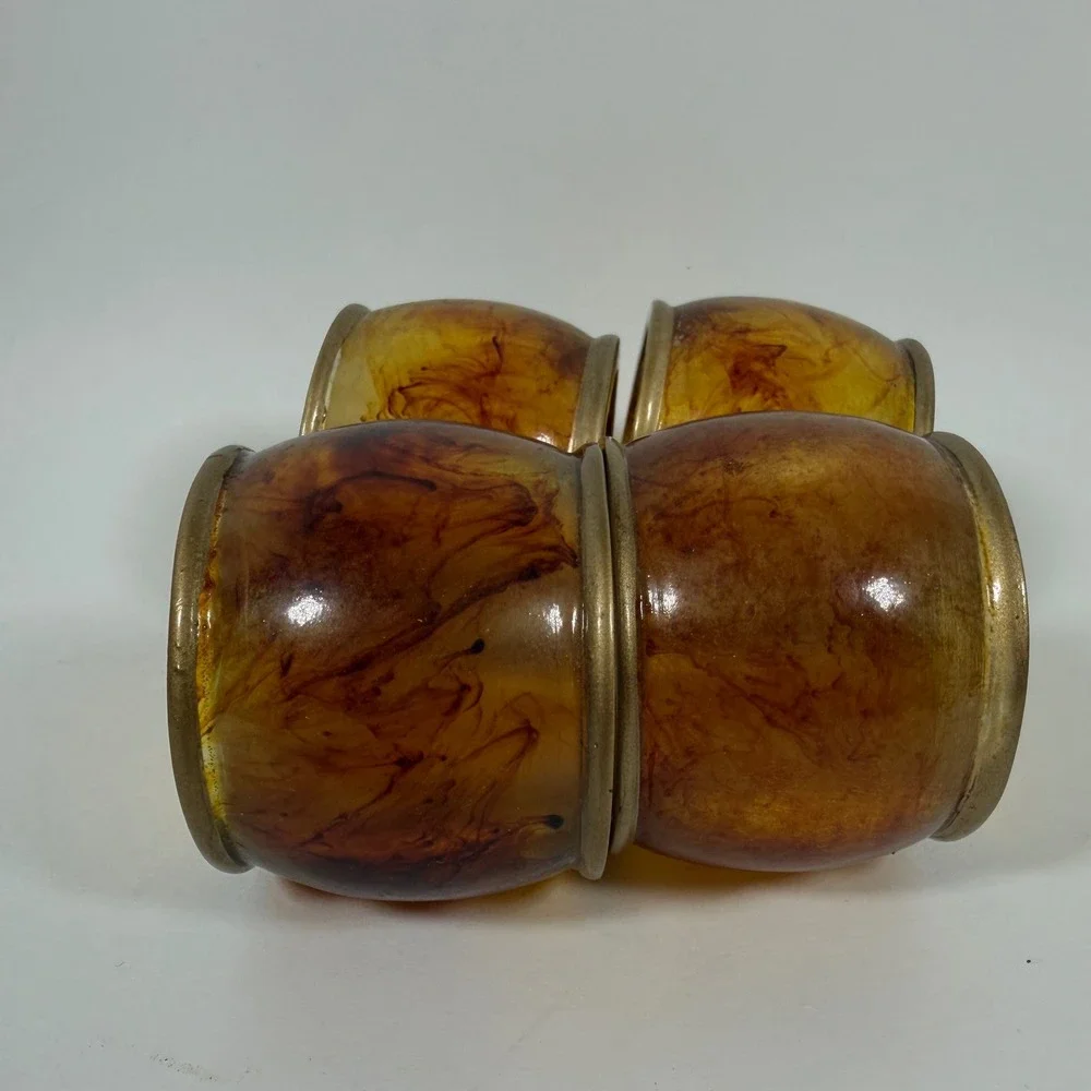 Amber Resin Napkin Rings Set of 4 Faux Tortoiseshell Gold Trim Barrel